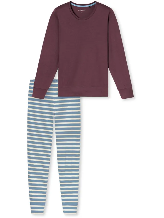 Schiesser dames Casual Essentials lange pyjama met manchetten - cacaobruin dessin