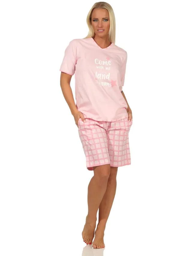Normann Dames pyjama shorty met korte mouwen en geruite jersey broek - ook verkrijgbaar in oversize rosa