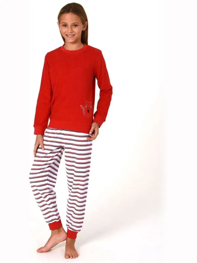Normann Meisjespyjama, badstof pyjama met manchetten en een schattig motief - gestreepte look rot1