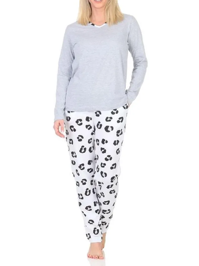 Normann damespyjama in zachte jersey met dierenmotief grau-mel.