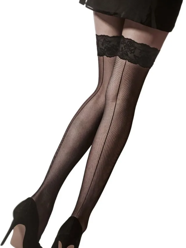 Pretty Polly Flirty Velvet Lace Top Hold Up met naad Black/Black Zwart/Zwart