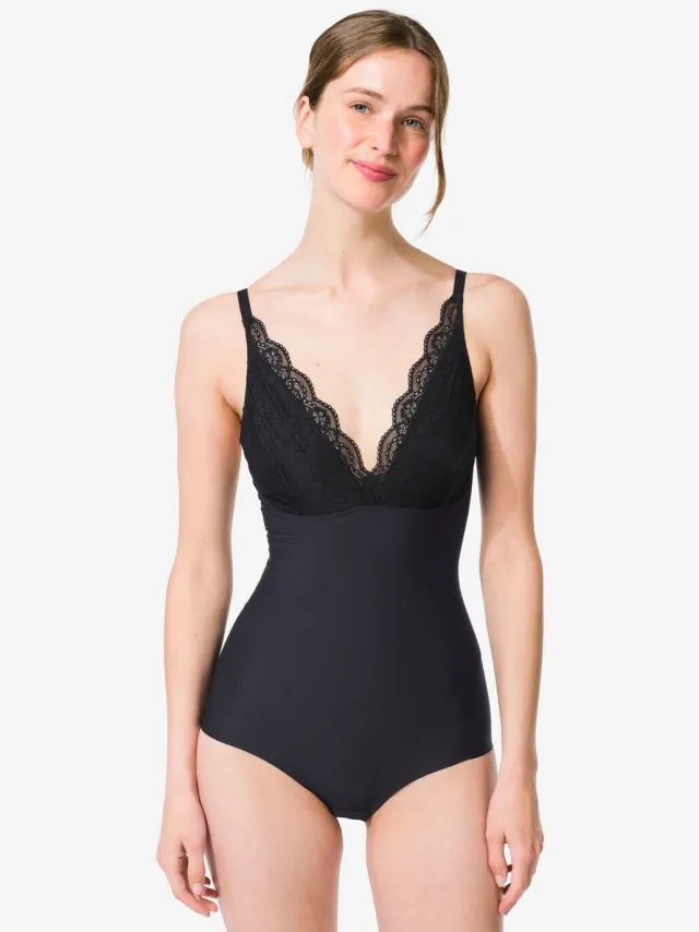 HEMA Medium corrigerende damesbody met kant zwart (zwart)