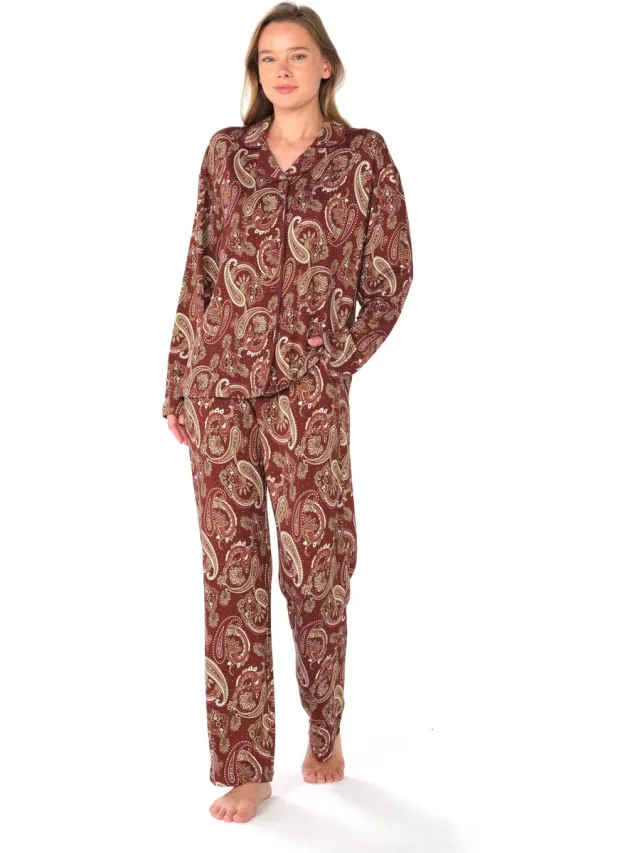 Feyza Dames Pyjama Set, Lange Mouwen bordeaux