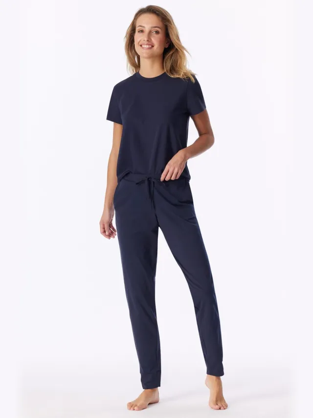 Schiesser dames Mix+ Relax langere broek met elastische manchetten en veelkleurig bedrukte print - deepblue dessin deep blue