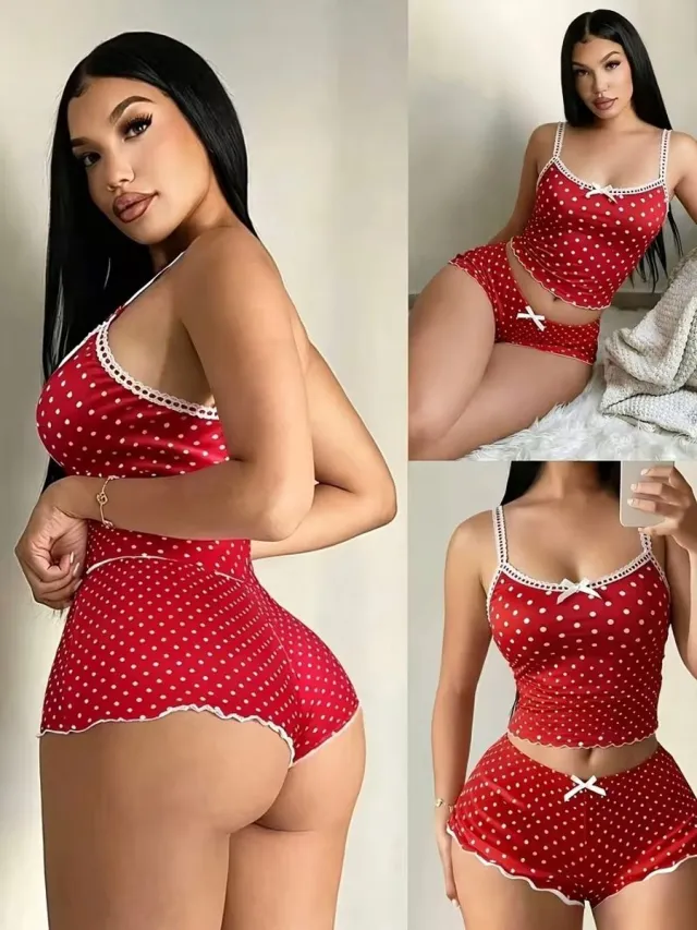 Karma Dames pyjamaset met hemdje en korte broek, contrasterende stippen, kanten patchwork, nauwsluitend, 2-delig rood