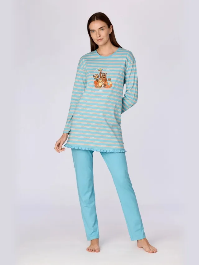 Woody pyjama dames - turquoise gestreept - dierenprint - 262-10-BLB-S/904