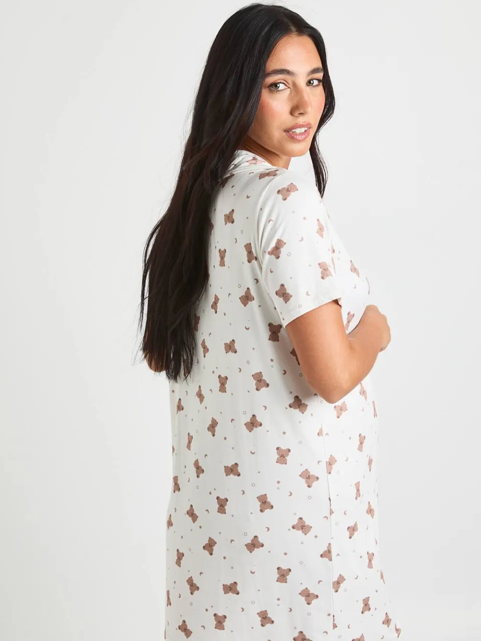 boohoo Dames Zwangerschapsnachtjapon met berenprint en doorknoopte kraag lichtbruin, foto 2