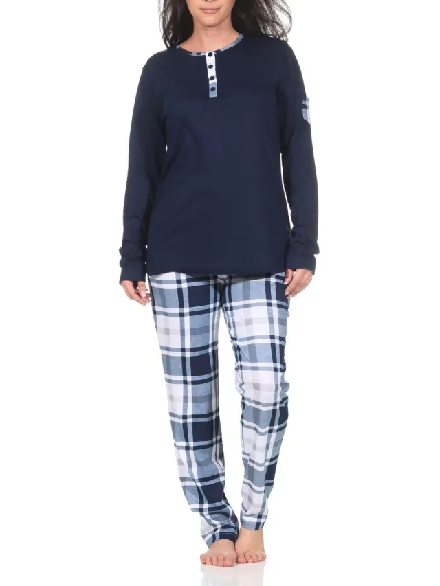 Normann damespyjama met geruite jersey pyjamabroek - ook in grote maten marine