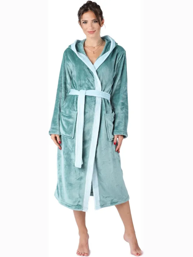 Bellivalini Dames Badjas met Capuchon - Wasmachine bestendig - Polyester - Zeegroen - S - BLV-BLV50-168-DG