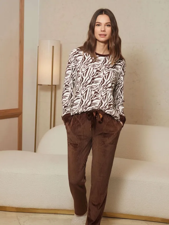 Barandi Damespyjama met Zebraprint en Geribde Lange Broek – Ecru/Chocoladebruin Bruin/ecru