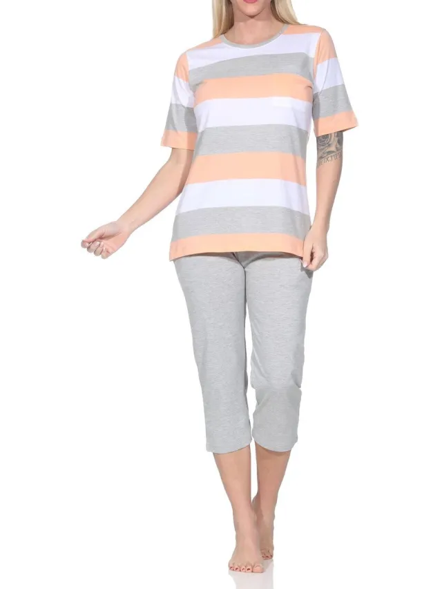 Normann Dames Capri Pyjama Korte Mouwen Blokstreep - Ook in Oversizes apricot
