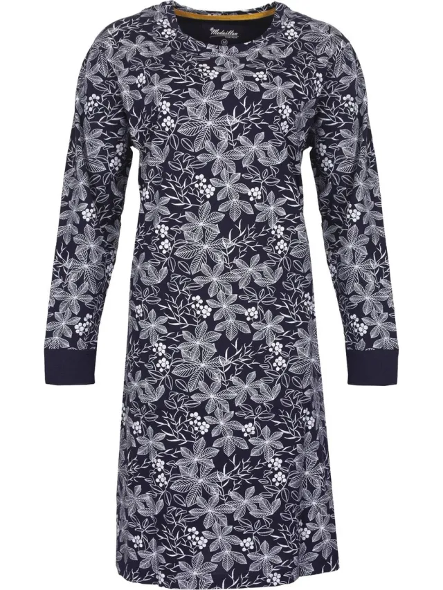 Medaillon Dames Nachthemd - Bloemenprint - Donker Blauw wit