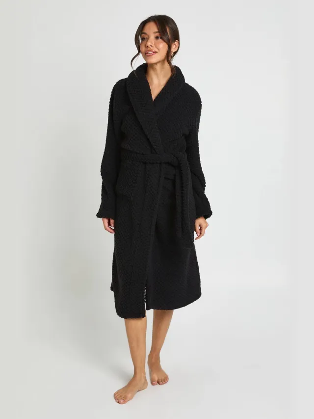 boohoo Dames Lange Wafel Fleece Ochtendjas Zwart