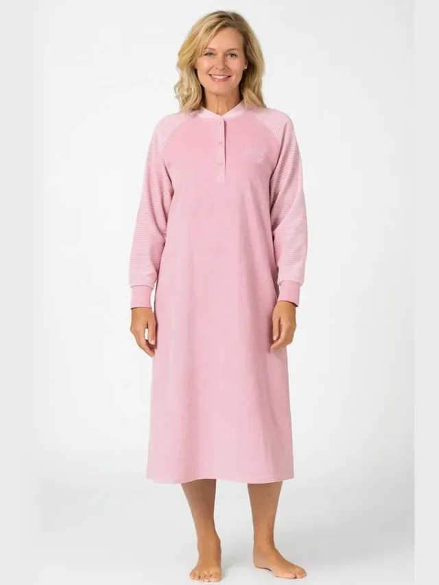 Lunatex warm dames nachthemd 224183 badstof - winter nachthemd - roze