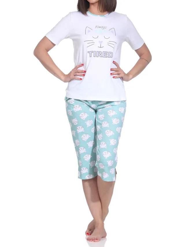 Normann dames pyjama met korte mouwen en capribroek pyjama met hart- en kattenmotief türkis