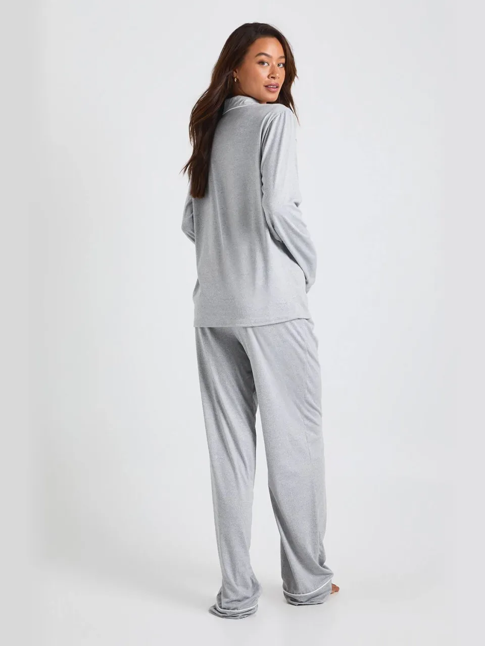 boohoo Dames Pyjamasset met langmouwenhemd en broek in tall jersey met pijpdetail grijze mergel, foto 4