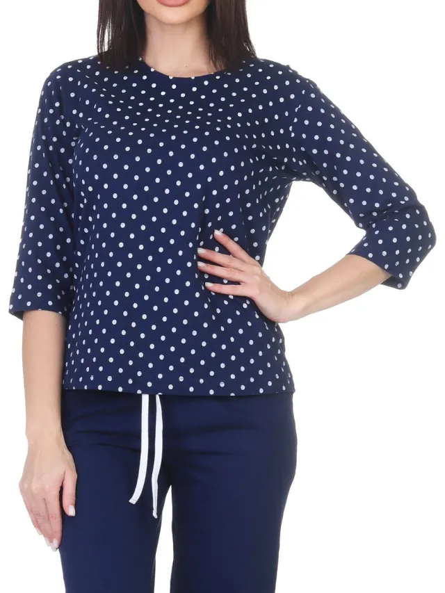Normann Damespyjamashirt met lange mouwen mix & match punkte_marine