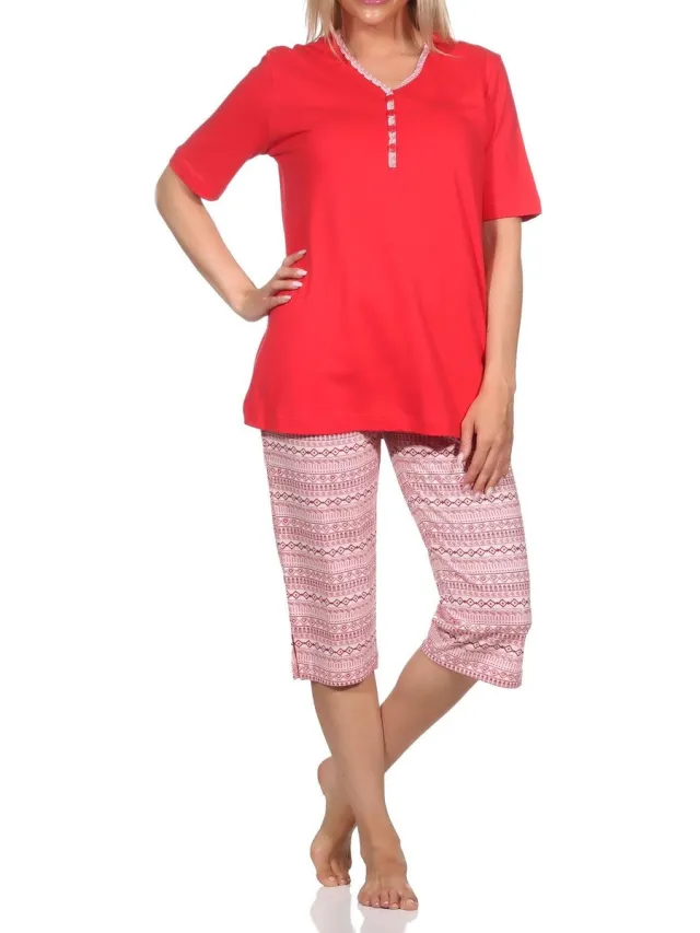 Normann dames capri pyjama met korte mouwen in Ethnolook - Ook in oversizes pink