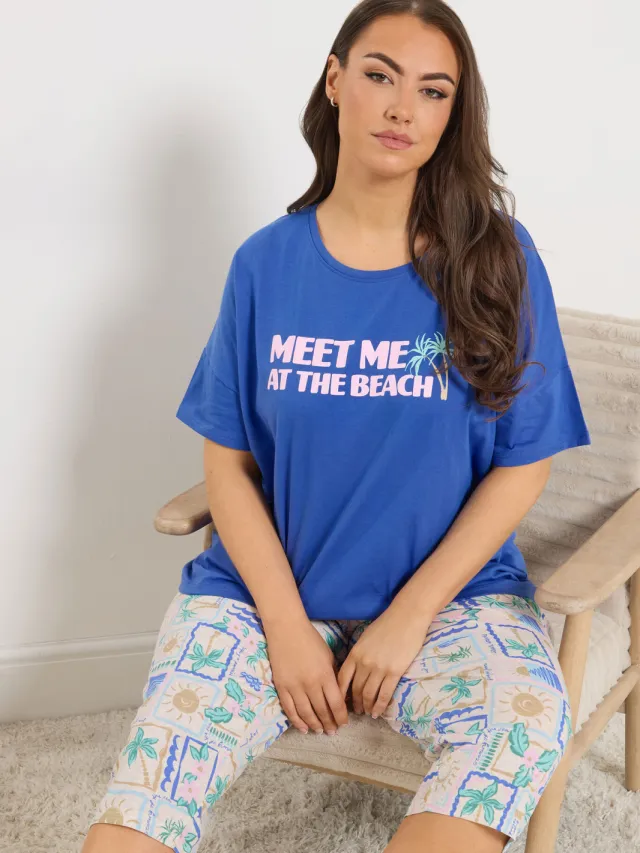 Yours Blauwe Pyjamatop Met ‘Meet Me At The Beach’Slogan-52 Blue