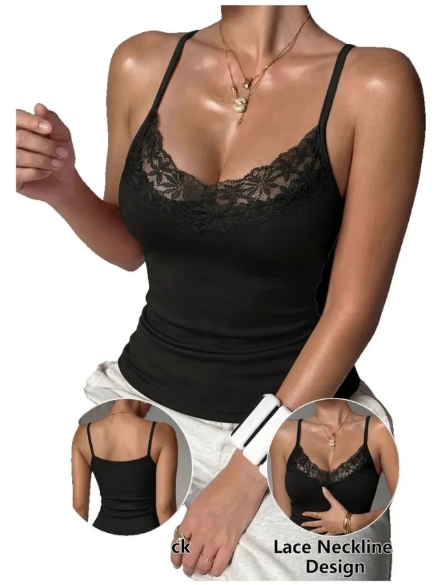 Currero Top Met Kant Dames - Topje - Kleding - Shirt - Blouse - Kort - Volwassen - Zwart