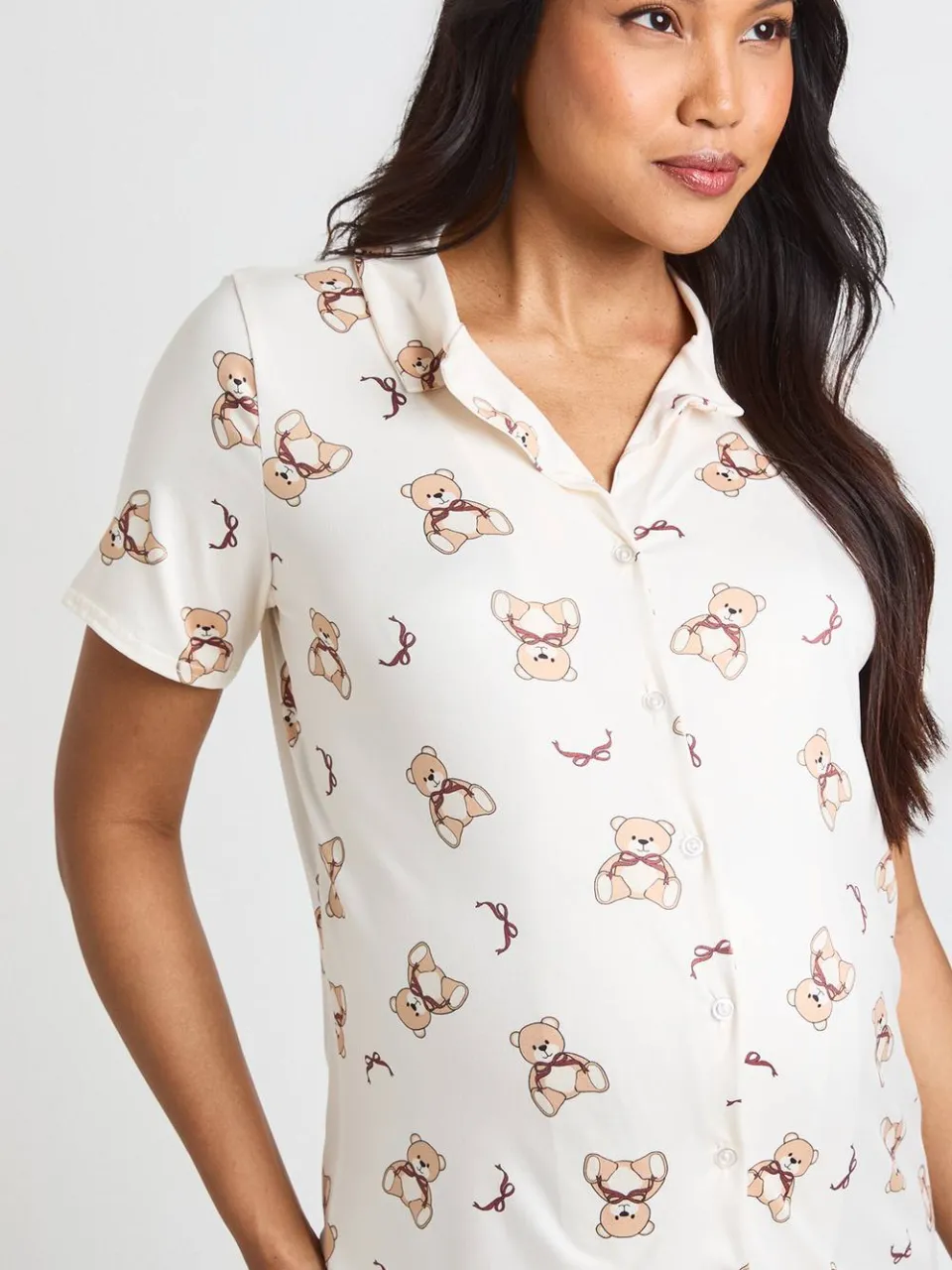 boohoo Dames Zwangerschaps Nachthemd Met Berenprint En Strikjes, Kraag En Knoopsluiting lichtbruin, foto 4