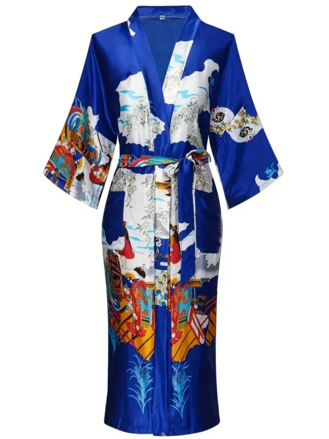 Bovista Badjas Dames - Kimono - Kamerjas - Ochtendjas - Pyama - Koningsblauw Geel