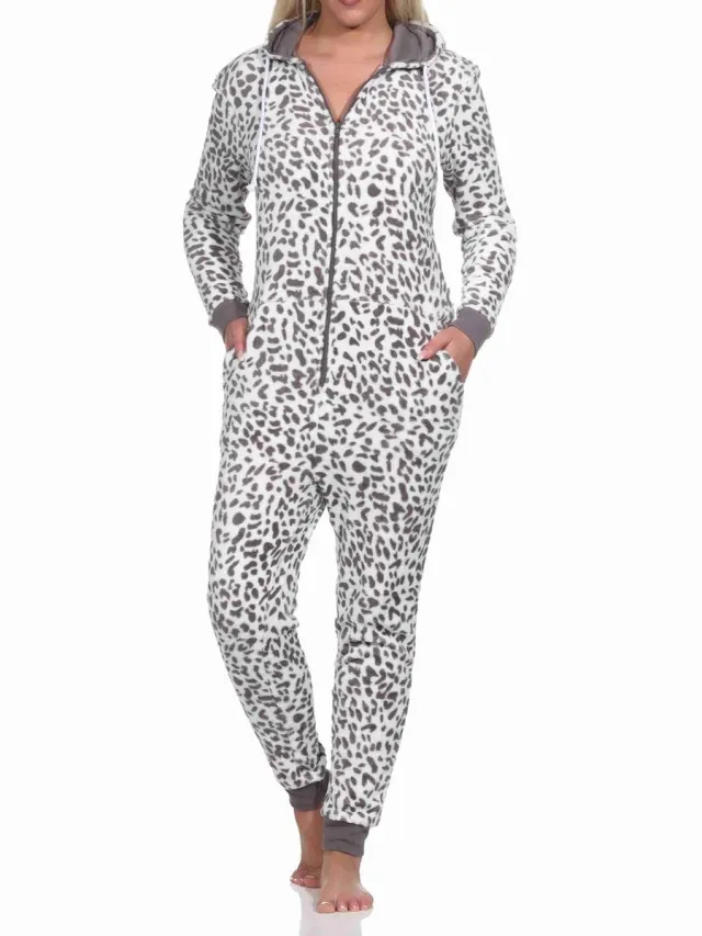 Normann Dames pyjama overall jumpsuit in koraal fleece in dierenlook