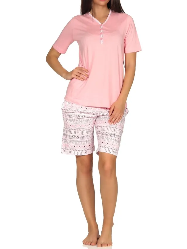 Normann dames pyjama shorty met korte mouwen in Ethnolook - Ook in oversizes rosa