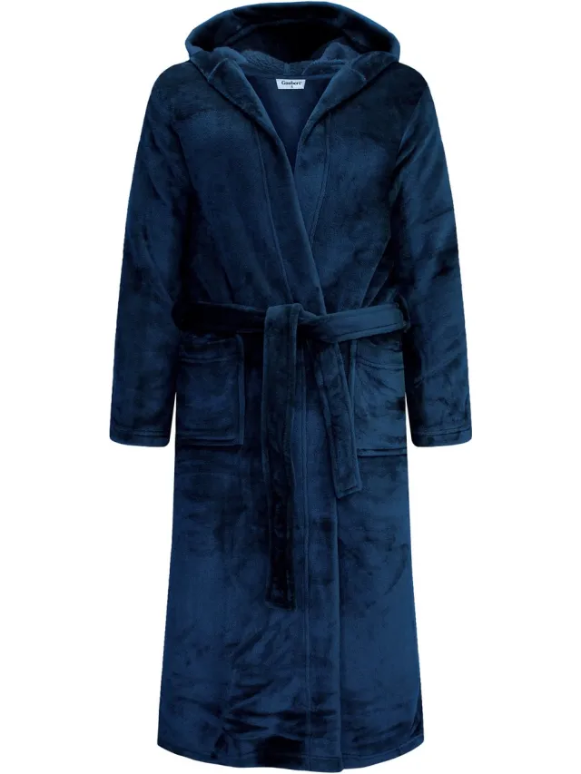 GAUBERT Unisex Badjas Extra Lang met Capuchon en Ceintuur - Ochtendjas - Superzacht Coral Fleece - Heren Dames - Donkerblauw - 8210-Blue