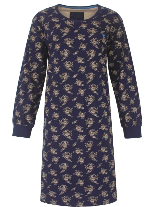 Medaillon Dames Nachthemd - Lange Mouwen - Donker Blauw Donkerblauw