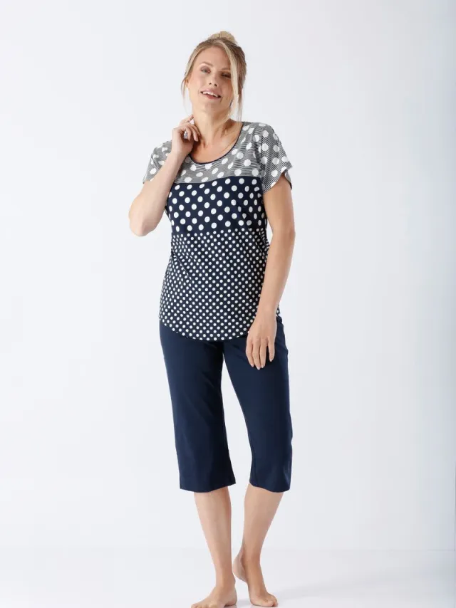 Hajo dames pyjama donkerblauw en stippen - Blauw - Maat - 36/38