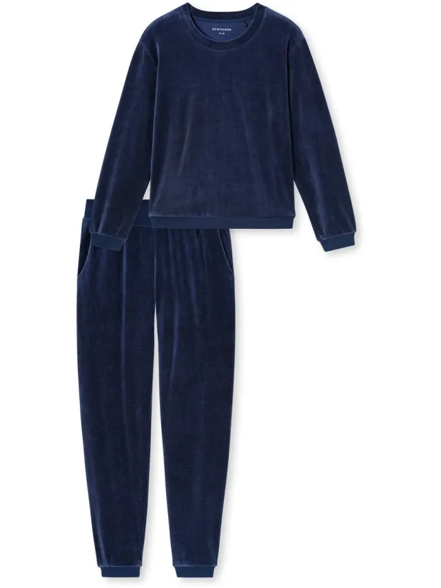 Schiesser velours dames huispak met boordjes - Deep Sea Blue - Casual Velour - 48
