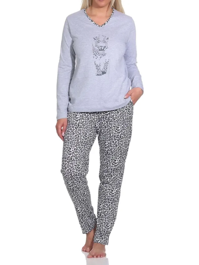 Normann dames pyjama met lange mouwen en dierenprint, broek met dierenprint grau-mel.