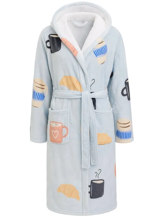 Badrock Dames badjas koffie - fleece badjas met capuchon - ultra zacht en warm - cadeau koffieliefhebber - koffie badjas lichtgrijs