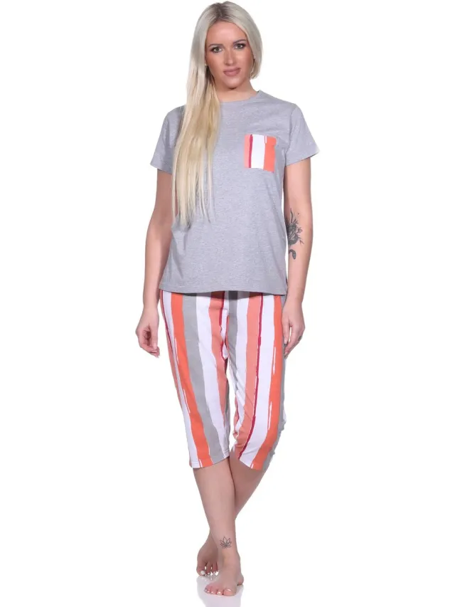 Normann Damespyjama met een t-shirt, 3/4 capribroek en een casual dessin grau