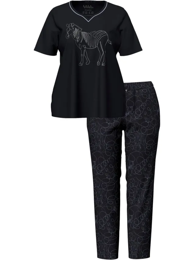 Ulla Popken Dames - Pyjama zebra hartvormige hals korte mouw - Zwart - Maat 50+