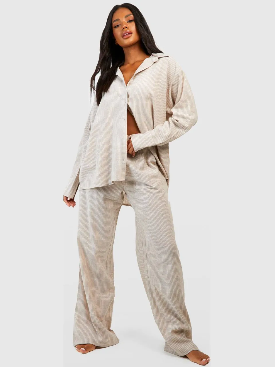 boohoo Dames Katoenen tonale streepjes pyjama broek steen, foto 2