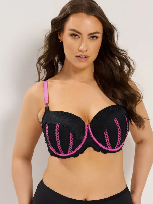 Yours Zwarte En Roze Gevulde Beugelbeha Met Lintdetail Black