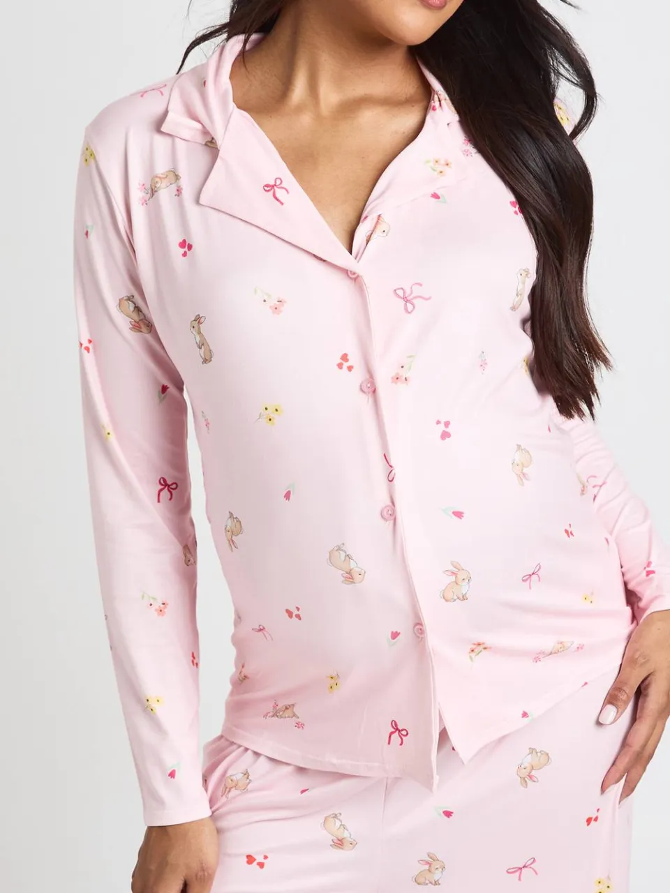 boohoo Dames Zwangerschaps Pyjama Set Met Konijntjes En Strikjes Print - Shirt Met Lange Mouwen & Broek roze, foto 4