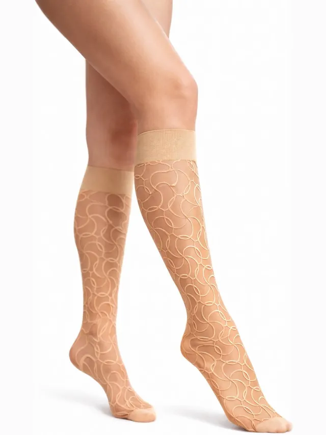 Gatta Kniekousen Dames - 20 DEN – One size – ( 1 stuks )Transparant – Modieus Patroon - Beige ( Daino )