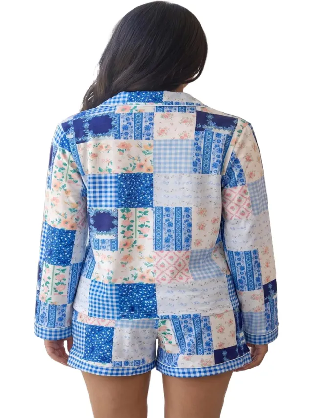 Imily Bela Dames Pyjama Set met Print, Lange Mouwen en Shorts blauw