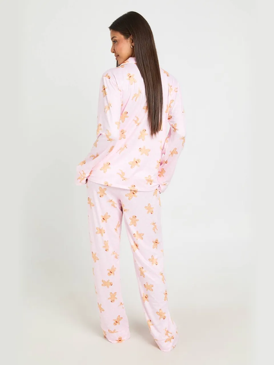 boohoo Dames Kerst Peperkoek Print Pyjama Set Met Paspeldetail Lange Mouwen & Broek baby roze, foto 2