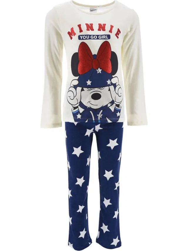 Disney Minnie Mouse Pyjama - Set - 3-delige pyama - Broek + 2 Shirts - Glitterprint Off-White