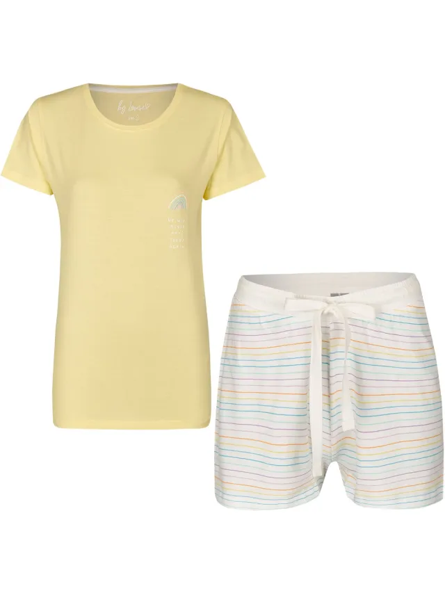 By Louise Dames Pyjamaset Katoen Shortama Met Print Geel Regenboog - Korte Pyjama Geel, Roze