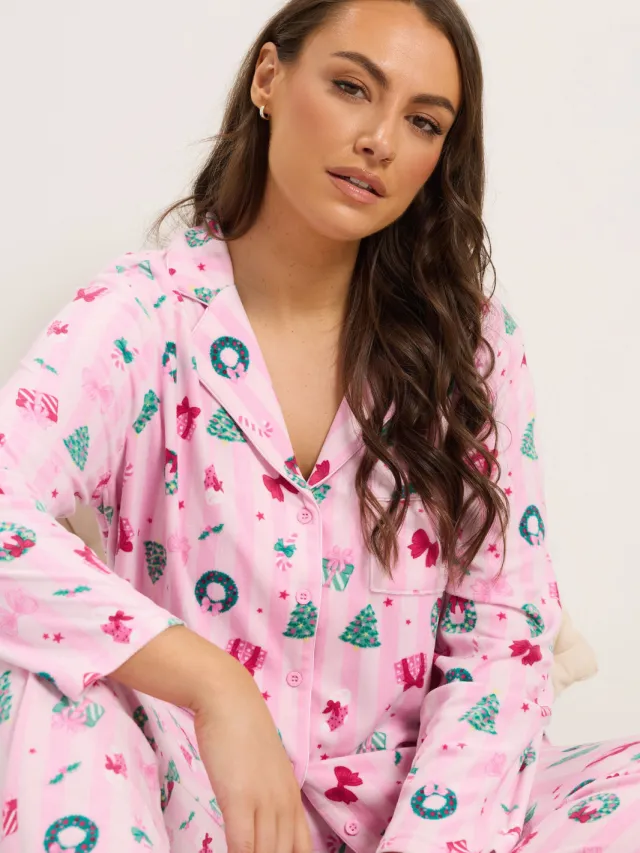 Yours Roze Gestreepte Lichtgewicht Fleece Pyjamaset Met Kerstprint-44, foto 2