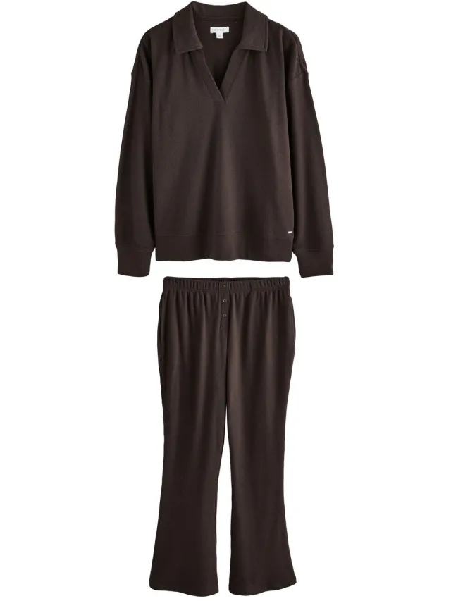 Next Dames - Zachte Petite rugbypyjama met lange mouwen en wafelstructuur - Petite - Bruin Chocolate Brown