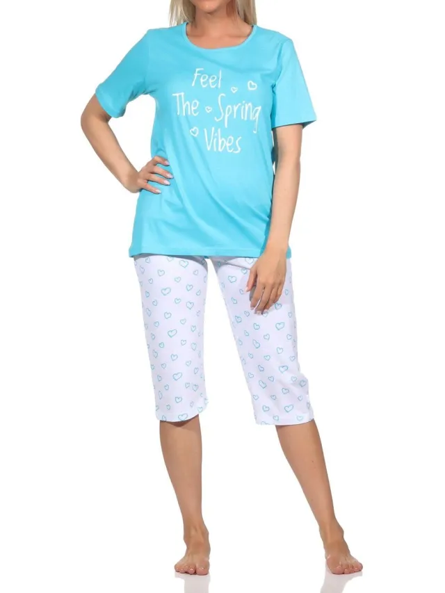 Normann dames pyjama korte mouw, pyjama capri broek in hartjeslook hellblau