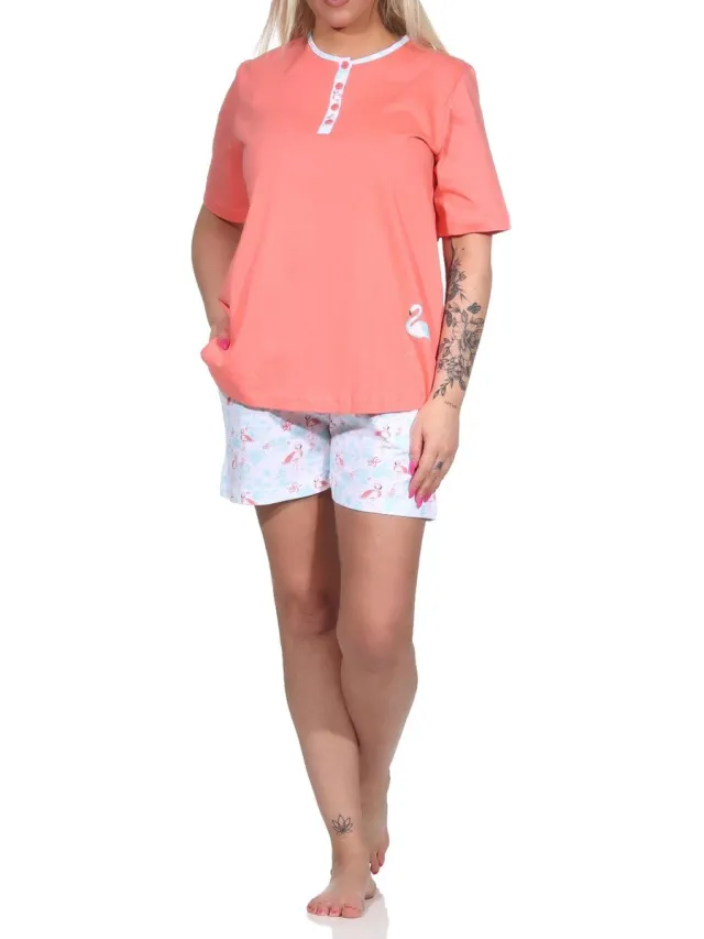 Normann Dames Shorty pyjama met korte mouwen met flamingo-motief en knoopsluiting bij de hals apricot
