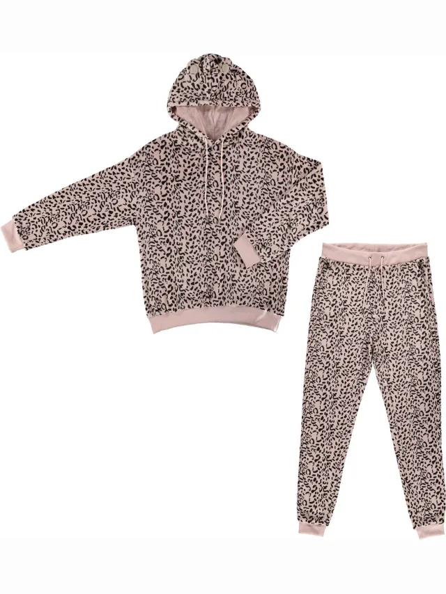 Apollo Dames Huispak Loungewear Luipaard Print Fleece Incl Capuchon Roze