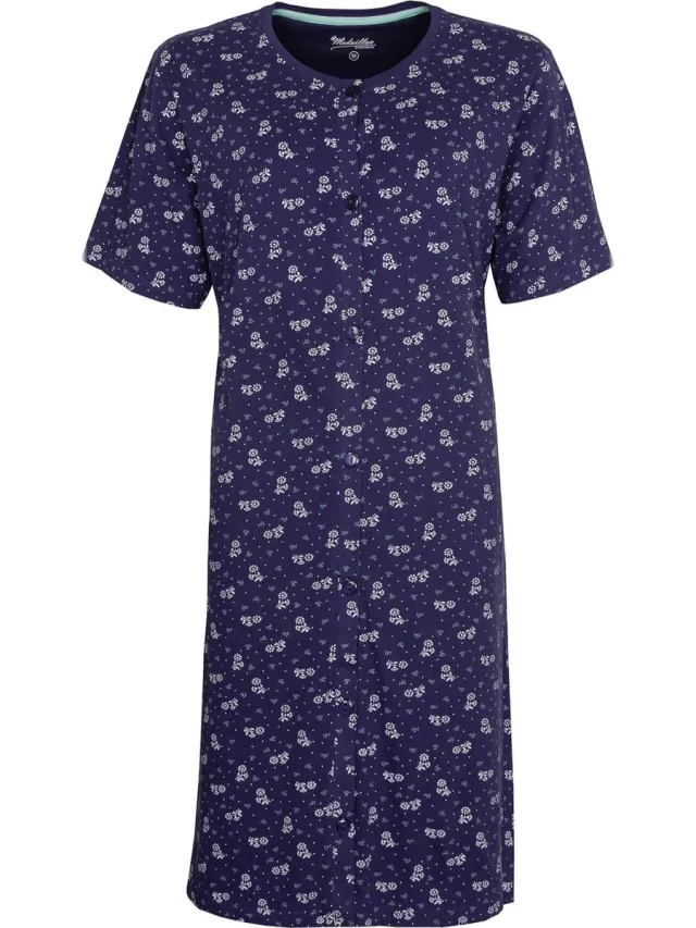 Medaillon Dames Nachthemd - Polo Sluiting - Katoen - Blauw
